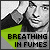 Pixelated grayscale image of a person's face with a green triangular shape and bold text reading "BREATHING IN FUMES".