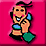 Pixelated character with orange skin and black hair holds blue and green objects against a pink background.