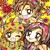 Pixelated static image of two anime-style characters with large eyes and light skin tones, set against a colorful abstract background with yellow, red, and brown tones.