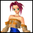 A pixelated anime-style character with magenta hair and green eyes in a strapless orange top and blue skirt, next to "Anime IM" text on black background.