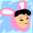 Pixelated cartoon-style buddy icon featuring a character with black hair wearing pink bunny ears against a light blue background.