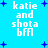 Pixelated text 'katie and shota bff' on bright blue background with scattered blue star shapes, animated with shifting text and star positions.
