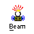 A pixelated character with red spiky hair and yellow flame accents wears a black-and-yellow checkered shirt, blue wristbands, and a white spherical head, with the word "Beam" below.