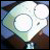Pixelated static icon of a white cartoon character with large circular eyes and rounded head against blurred background colors.
