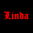 Four animated frames of red text "Linda" on a black background with pixelated edges and varying letterforms across the sequence.