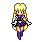 Pixel art of a blonde character in purple and white outfit with long hair, shown in two side-by-side poses against gray background.