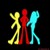 Three pixelated stick figures in yellow, red, and cyan stand side-by-side against a black background with no visible text or additional elements.
