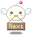 A 4-frame animated contact sheet showing a pixelated white character with wings holding a wooden sign that reads "Next" in yellow text, with pink flower above and gray shadow below.