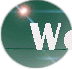 Animated circular icon with teal background showing sequential text fragments of 'Welcome!' in white serif font, each frame revealing additional letters.