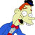 Pixelated character with light skin, red hair, blue suit, and red bow tie in a tilted pose against white background.
