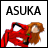 A 48x48 pixel buddy icon featuring a character with long brown hair in red clothing on the left, and stylized text elements on a black background to the right.