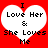 Red background with two identical white heart shapes containing black text reading "I Love Her & She Loves Me" in pixelated font.