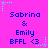 A static image with a bright pink background displays repeated text "Sabrina & Emily BFLL <3" in blue pixelated font, surrounded by small cyan and purple star-like shapes.