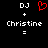 Black background with white pixelated text 'DJ', '+', 'Christine', and '=' arranged in two , one featuring a red heart symbol