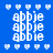 Blue background with white pixelated hearts and repeated text 'appje' and 'abbie' in white, with pink horizontal bars appearing in different positions across frames.