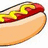 Pixelated hot dog with red ketchup and yellow mustard in a light brown bun, positioned on the left side of a white background.