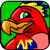 Pixelated red bird-like character with yellow crest, green eye, and orange beak against a split green-blue background.