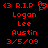 Red pixelated text on black background displays 'R.I.P', names, date, and a heart symbol with one frame showing the heart as solid red.