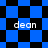 Blue and black checkered pattern with four instances of the text 'dean' in white pixelated font across different layouts