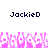 Pixelated text 'JackieD' appears twice above a pink floral pattern on white background.