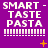 Purple background with repeated 'SMART - TASTE PASTA' text and white exclamation marks, featuring animated orange sparkles in different positions across frames.