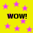 Yellow background with scattered purple stars and four instances of the text 'WOW!' in bold black font.