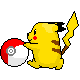 Yellow cartoon character with brown stripes and red cheeks holds a red-and-white spherical object that changes color patterns across frames.