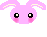 A 2x2 contact sheet of four pixel art frames showing a pink bunny head with changing blue text below it, all on a gray background.