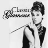 Black-and-white image of a woman with an updo, wearing a sleeveless dress and a necklace, with 'Classic Glamour' text in script font.