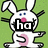Pixelated cartoon rabbit with pink nose and blue eyes on green background, holding black rectangle with white 'ha' text.