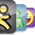 A static pixel art image showing three overlapping circular icons with distinct color schemes and symbols.