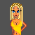 Pixel art of a blonde woman in yellow top and pants with white sneakers, standing against gray background.