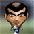 Pixelated cartoon character with dark hair and a receding hairline, wearing a blue and white striped shirt, standing against a gradient background.