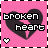 Pixelated pink background with black and white broken heart symbols, text reading 'broken heart', and small white hearts at bottom corners.