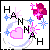 Pixel art icon with black 'H' and 'N' letters, pink heart, blue stars, purple flower, and light blue trail on white background.
