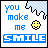 A contact sheet of 7 animated frames showing a pixel art buddy icon with text "you make me SMILE" and a yellow smiley face, featuring color variations in the text across frames.