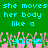 Green background with cyan pixelated text repeating 'she moves her body like a cyclone!' and pink pixelated shapes below.