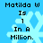 Blue background with light blue snowflake icons and black text reading "Matilda W Is 1 In A Million." repeated in four quadrants.