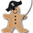 Pixelated gingerbread man wearing black tricorn hat with white star, holding silver sword, three dark buttons on chest, smiling face.