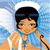 Pixelated character with dark hair and blue headband, wearing blue and orange outfit, holding black object against blue sky background.