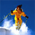 Pixelated static icon of a skier in mid-air against blue sky and white snow, wearing orange-yellow outfit with dark accents.