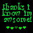 Green pixelated text reads 'thanks i know im awesome!' with five green plus signs below, displayed in two identical side-by-side on a black background