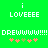 Green background with white pixelated text and colored symbols, showing two side-by-side identical frames with 'i LOVEEEE' above 'DREWWWW!!!' and five symbols below.