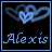 Blue pixelated heart symbol above blue text reading 'Alexis' on black background with light blue border.