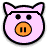 Pixelated pink pig face with black outline, two small square eyes, and orange snout featuring vertical nostrils.