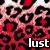 A static pixelated image features a red and black patterned background with the word 'lust' in white text at the bottom right.