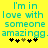 Yellow background with cyan pixelated text reading "I'm in love with someone amazingg." and five black-and-brown pixelated stars below.