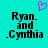 Cyan background with black pixelated text 'Ryan. and Cynthia' and a pink pixelated heart above the text.