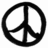 Black peace symbol on white background with pixelated text 'make peace not war' to the right.