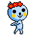 Pixel art character with blue body, yellow cheeks, red flower crown in four poses: walking, hands clasped, splashing water, and holding beer mug.